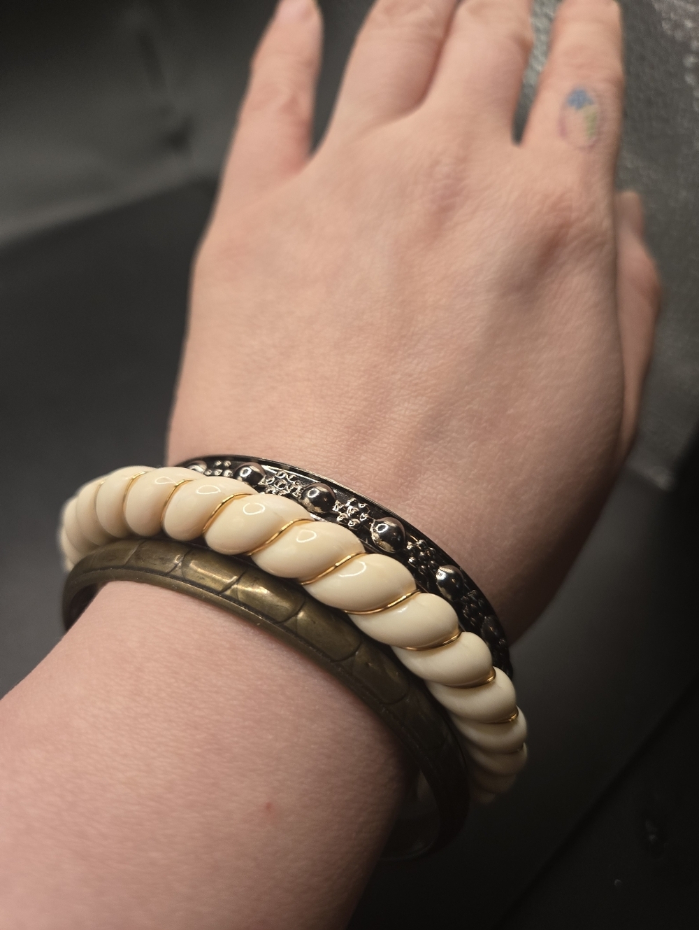 Vintage Bangle Set Cream Twist Gold Tone + Bronze Stack Bracelets Minimal Boho